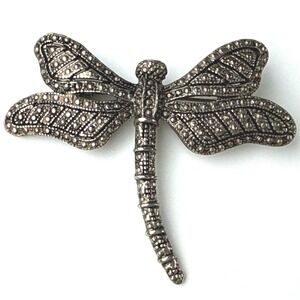 Vintage Luminous Dragonfly Brooch Silver Tone Faux Marcasite Textured Insect Pin